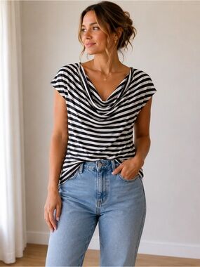 H&M Black and White Striped Draped Neck Top